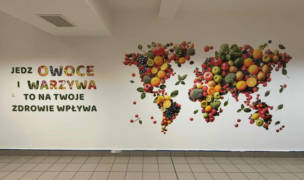Druk ścienny UV na stołówce szkolnej - kolorowa mapa świata z owoców i warzyw