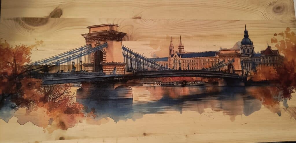 a painting of a bridge over water